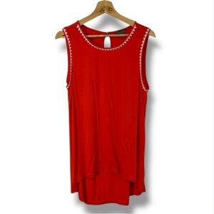 Vince Camuto Women's Large Red Orange Sleeveless Tunic Tank Top Embroidered Trim